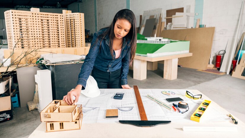 african american woman with model house table near safety helmet equipments